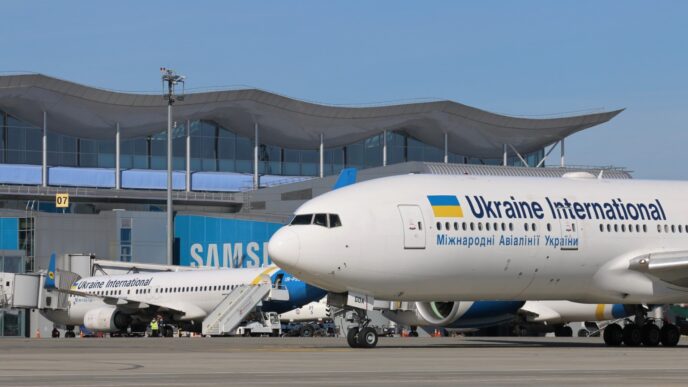 Широкофюзеляжний літак із написом Ukraine International стоїть біля скляного термінала аеропорту, поруч інші літаки та наземна техніка