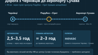 Схема маршруту Чернівці — Порубне-Сірет — аеропорт Сучава з часом у дорозі автомобілем і автобусом