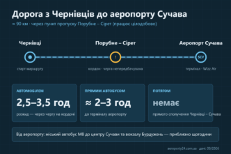 Схема маршруту Чернівці — Порубне-Сірет — аеропорт Сучава з часом у дорозі автомобілем і автобусом