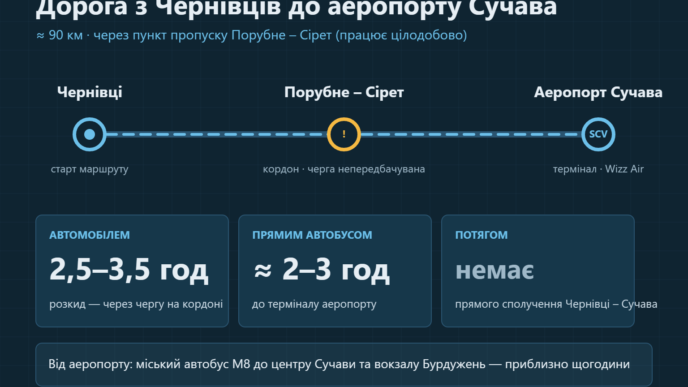 Схема маршруту Чернівці — Порубне-Сірет — аеропорт Сучава з часом у дорозі автомобілем і автобусом