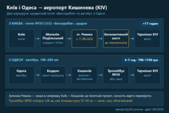 Схема двох маршрутів до аеропорту Кишинева: потяг з Києва через Могилів-Подільський і станцію Ревака та автобус з Одеси, з часом у дорозі й цінами