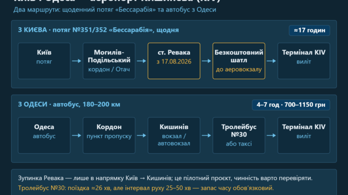 Схема двох маршрутів до аеропорту Кишинева: потяг з Києва через Могилів-Подільський і станцію Ревака та автобус з Одеси, з часом у дорозі й цінами