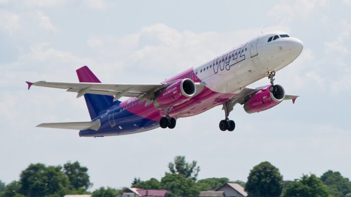 Пасажирський літак Wizz Air у фіолетово-рожевій лівреї набирає висоту після зльоту, під ним зелені поля та будинки