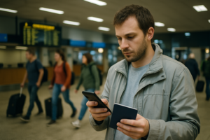 Чоловік у сірій куртці тримає смартфон і закордонний паспорт у залі вильотів аеропорту, позаду проходять пасажири з валізами на колесах