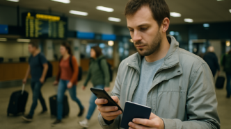Чоловік у сірій куртці тримає смартфон і закордонний паспорт у залі вильотів аеропорту, позаду проходять пасажири з валізами на колесах