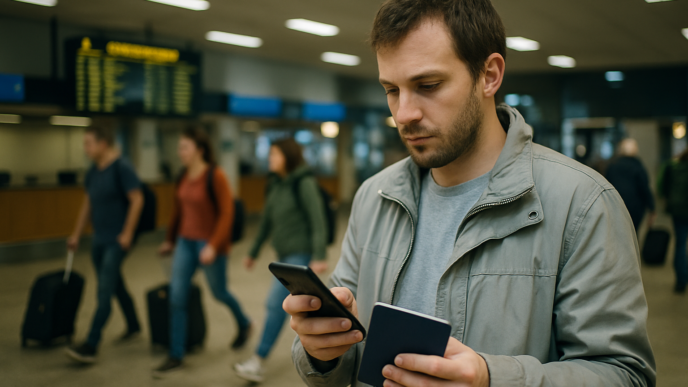Чоловік у сірій куртці тримає смартфон і закордонний паспорт у залі вильотів аеропорту, позаду проходять пасажири з валізами на колесах