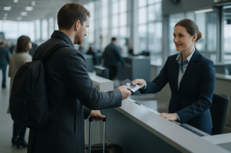 Пасажир подає паспорт і пластикову картку на стійці реєстрації в аеропорту