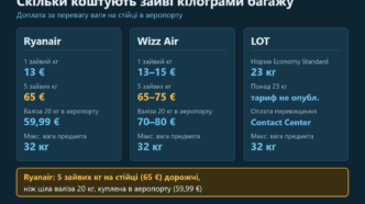 Порівняльна схема доплати за зайві кілограми багажу в Ryanair, Wizz Air і LOT: ціна за кілограм, вартість 5 зайвих кілограмів, ціна валізи 20 кг в аеропорту і максимальна вага 32 кг