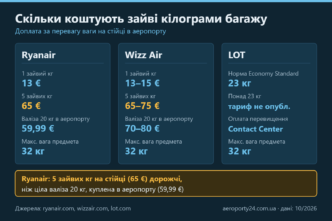 Порівняльна схема доплати за зайві кілограми багажу в Ryanair, Wizz Air і LOT: ціна за кілограм, вартість 5 зайвих кілограмів, ціна валізи 20 кг в аеропорту і максимальна вага 32 кг