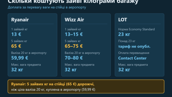 Порівняльна схема доплати за зайві кілограми багажу в Ryanair, Wizz Air і LOT: ціна за кілограм, вартість 5 зайвих кілограмів, ціна валізи 20 кг в аеропорту і максимальна вага 32 кг