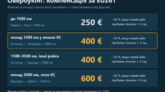 Таблиця компенсацій за відмову в посадці за Регламентом ЄС 261/2004: 250, 400 і 600 євро залежно від відстані з прикладами рейсів