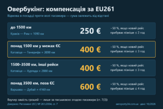 Таблиця компенсацій за відмову в посадці за Регламентом ЄС 261/2004: 250, 400 і 600 євро залежно від відстані з прикладами рейсів