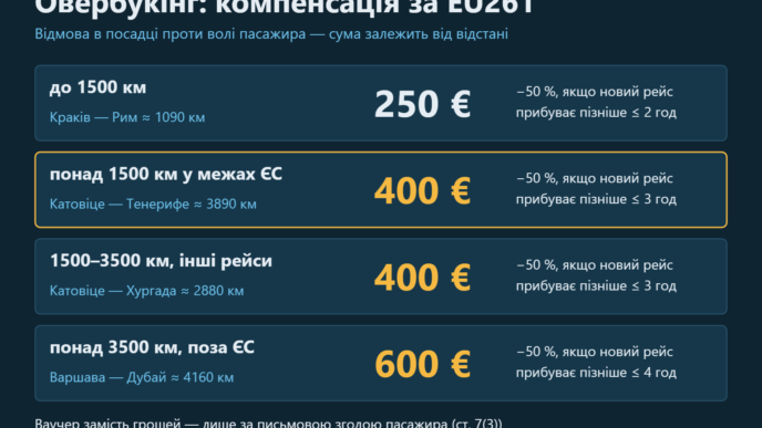 Таблиця компенсацій за відмову в посадці за Регламентом ЄС 261/2004: 250, 400 і 600 євро залежно від відстані з прикладами рейсів